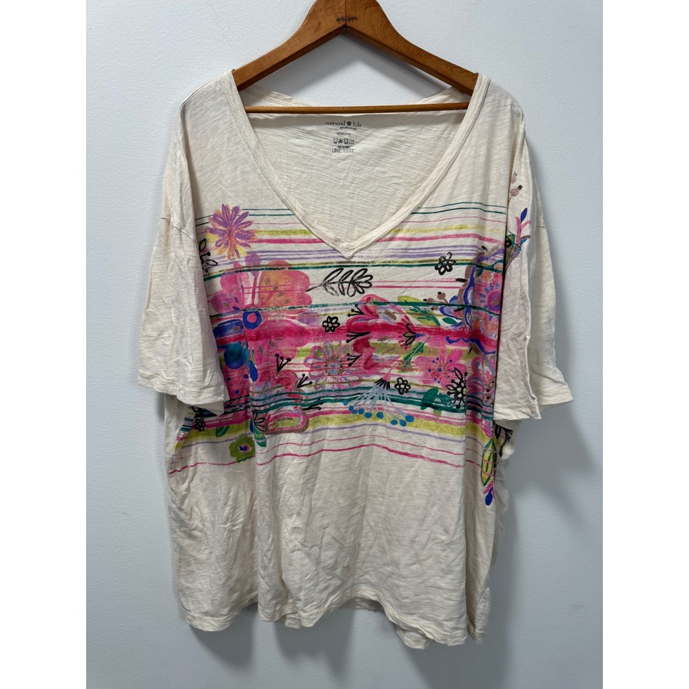 Natural Life Women's One Size Floral Boho Cotton Slub V-Neck Oversized T-Shirt